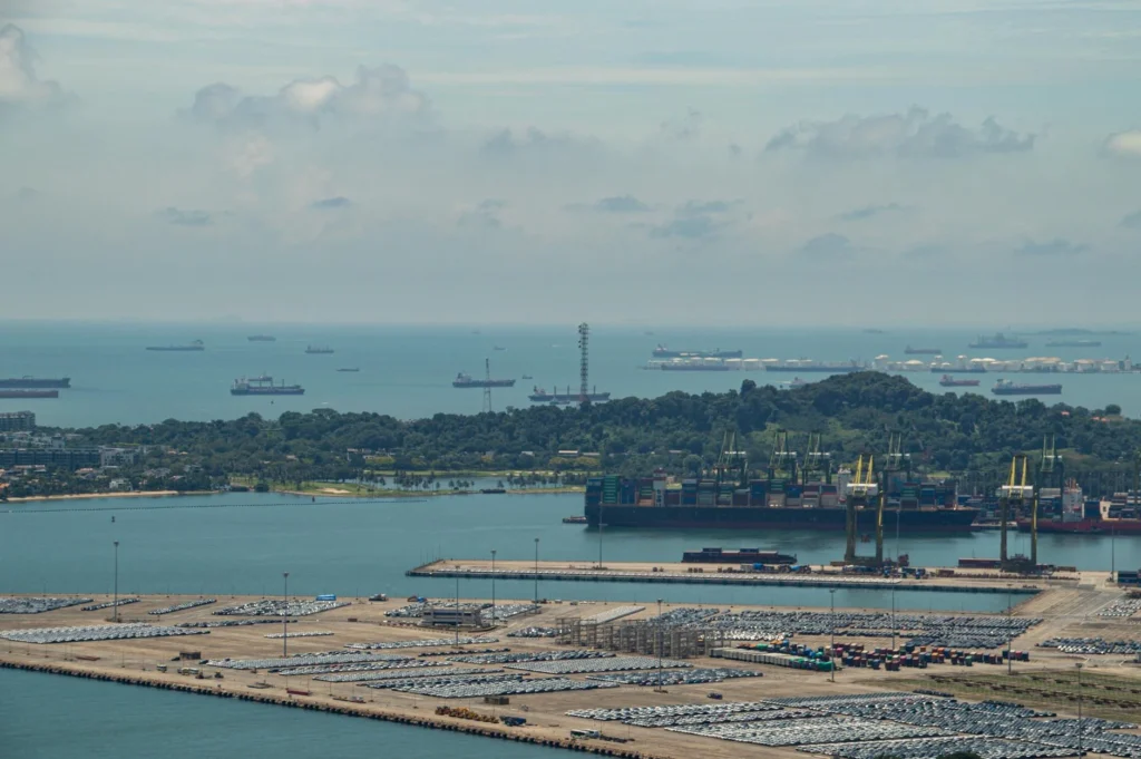 A person reviewing international trade documents in a Singapore office.